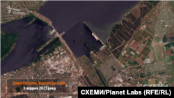 Каховське водосховище в Херсонській області до руйнування Росією греблі Каховської ГЕС 6 червня 2023 року, зафіксоване супутниковим знімком Planet Labs