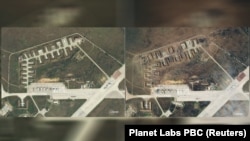 Комбіновані супутникові зображення військового аеродрому біля селища Новофедорівка поблизу міста Саки в окупованому Криму до вибухів, що сталися 9 серпня, та після них станом на 10 серпня 2022 року